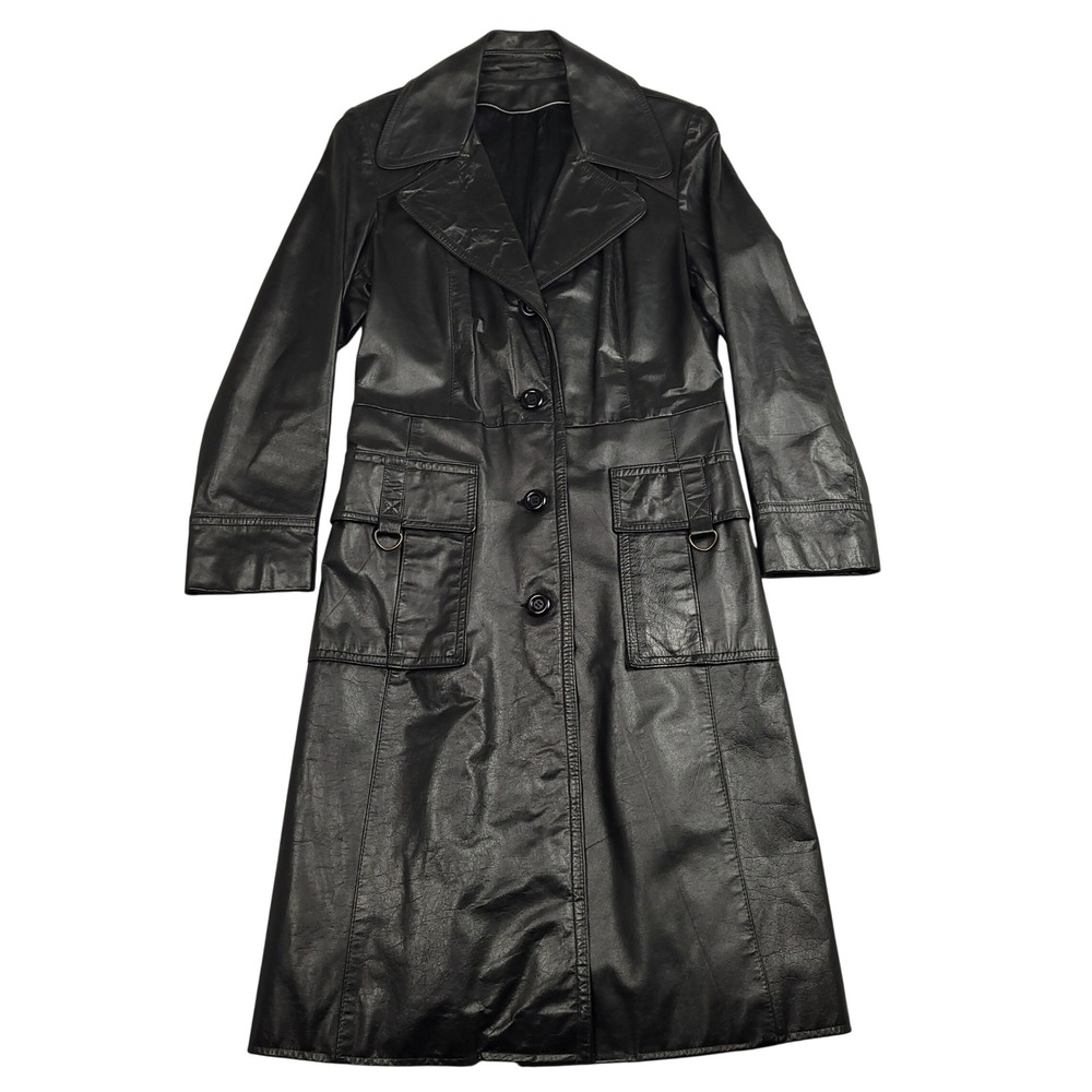 Vintage 70s Enza Womens Black Leather Trench Coat Goth Matrix Punk Long Jacket
